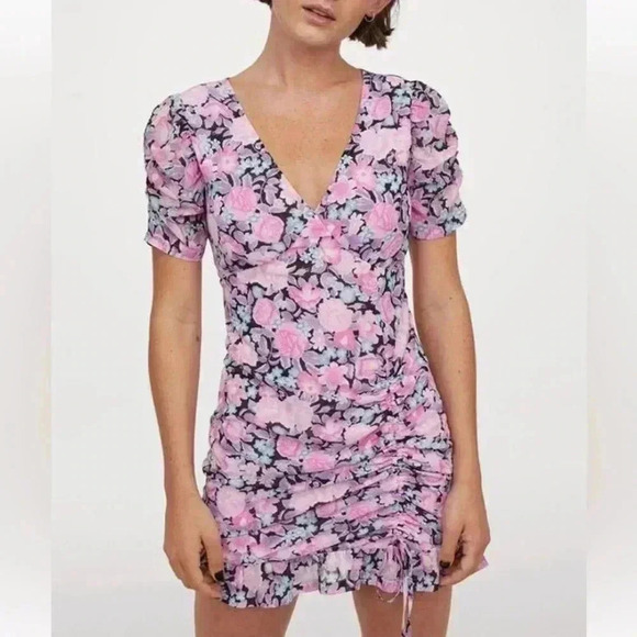 H&M pink chiffon side ruched floral  dress - Picture 1 of 11